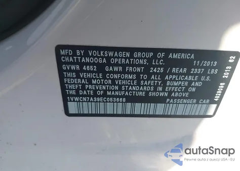 2014 Volkswagen Passat 2.0L Tdi Sel Premium из США, поврежденный, VIN 1VWCN7A39EC053668